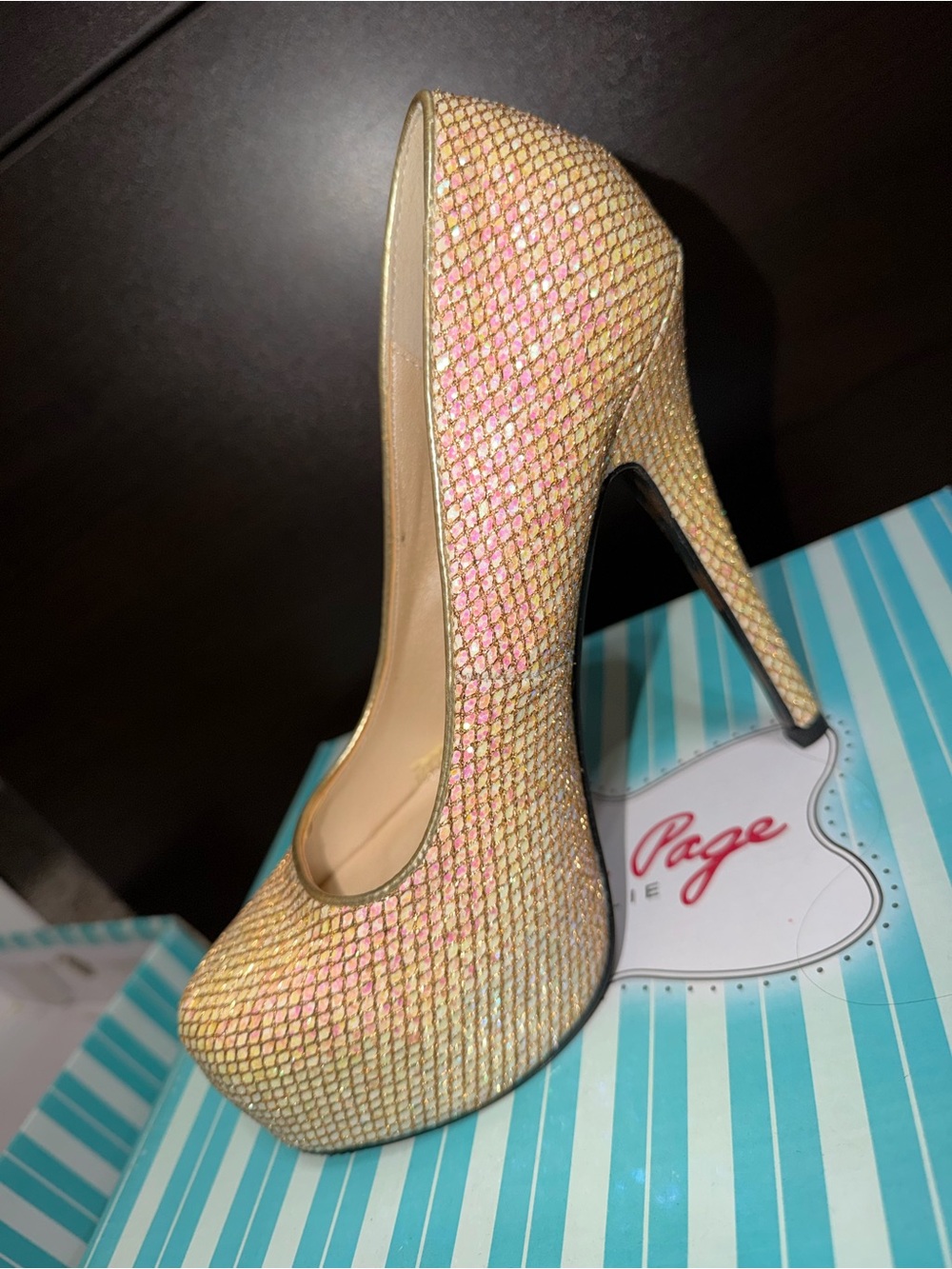 Bettie Page Iridescent Pink and Gold Stiletto Pumps